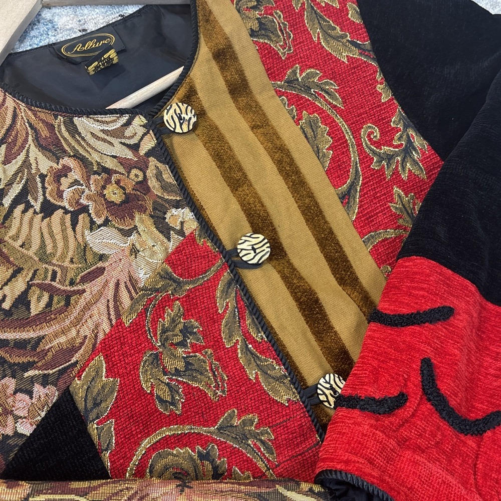 Vintage Allure Red Black Embroidered Patchwork Jacket Womens Large Artsy Classic - Picture 8 of 13